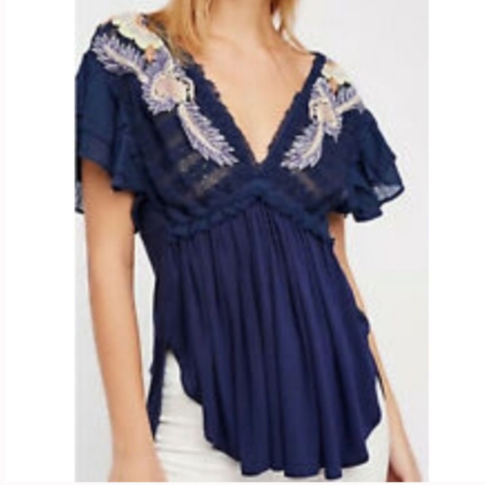Free People Boho Fiesta Nueva Embroidered navy top